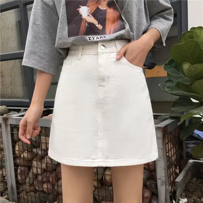 Jupes en jean femmes été solide blanc noir basique taille haute jupe courte Femme a-ligne