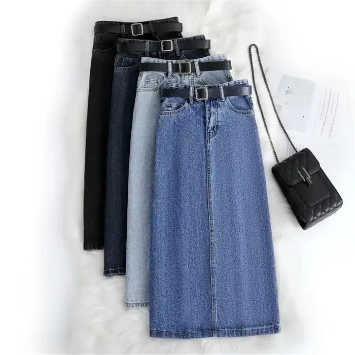 Femmes Denim jupe printemps une ligne été taille haute ample ourlet fendu bleu foncé Chic décontracté Streetwear Jean