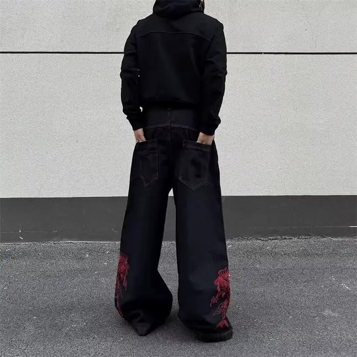 Nouveau Jean Baggy Brodé Dragon Rouge 2026 pour Hommes – Style Y2K Streetwear Punk
