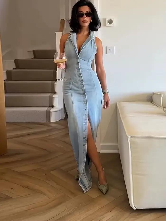 Revers sans manches Denim longues Robes femmes Sexy col rabattu simple boutonnage taille cintrée hanche paquet robe