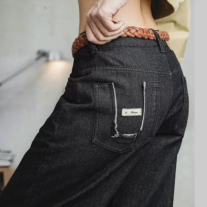 Pantalon Maden Jean Noir Rétro pour Femme Coupe Droite Décontractée Polyvalent Printemps Automne Occasions Spéciales