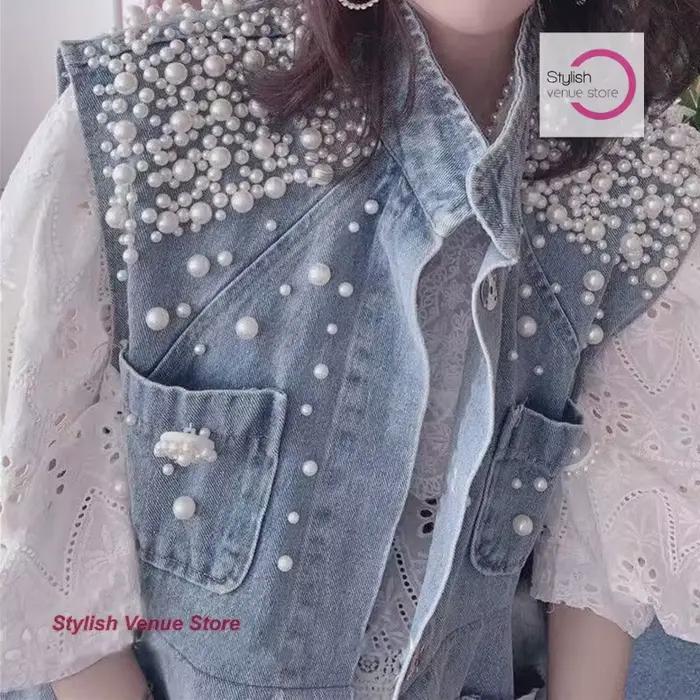 Français rétro perlé denim gilet veste femmes printemps et automne nouvelle mode lourd manteau