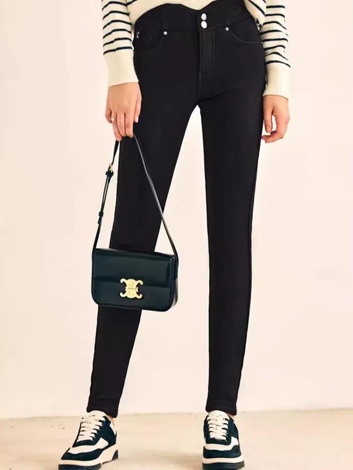 OLrain Jean Skinny Doublé Polaire pour Femme Hiver 2026 Nouveau Pantalon Chaud Confortable Taille Haute Décontracté pour le Bureau O22DK63806