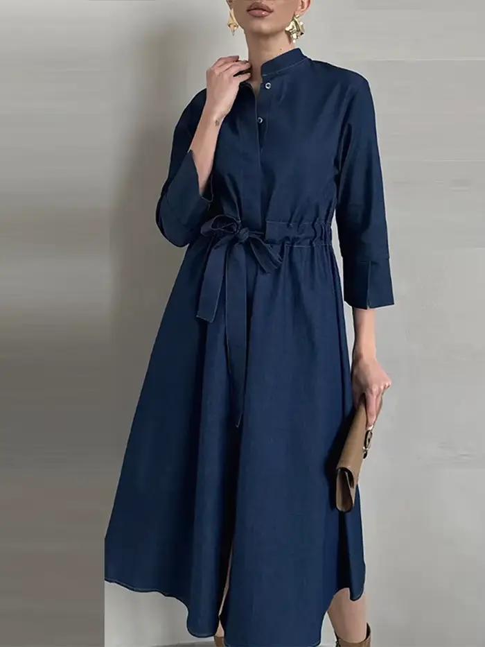 Mode Denim Robe longue pour les femmes à manches longues à lacets taille cintrée simple boutonnage