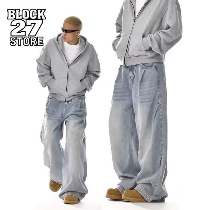 Jeans pour hommes Harajuku américain Vintage lavé Cleanfit haute rue droite ample jambe large Denim pantalon unisexe mode Style nouveau
