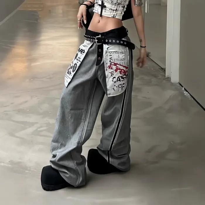 Jeans vintage à jambes larges style décontracté pour femmes occasions spéciales imprimé sur la poche tendance hip-hop