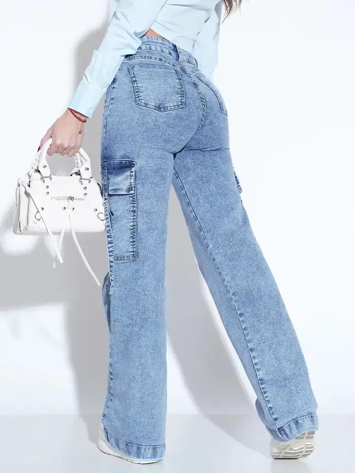 Jean utilitaire délavé pour femme avec plusieurs poches – Pantalon