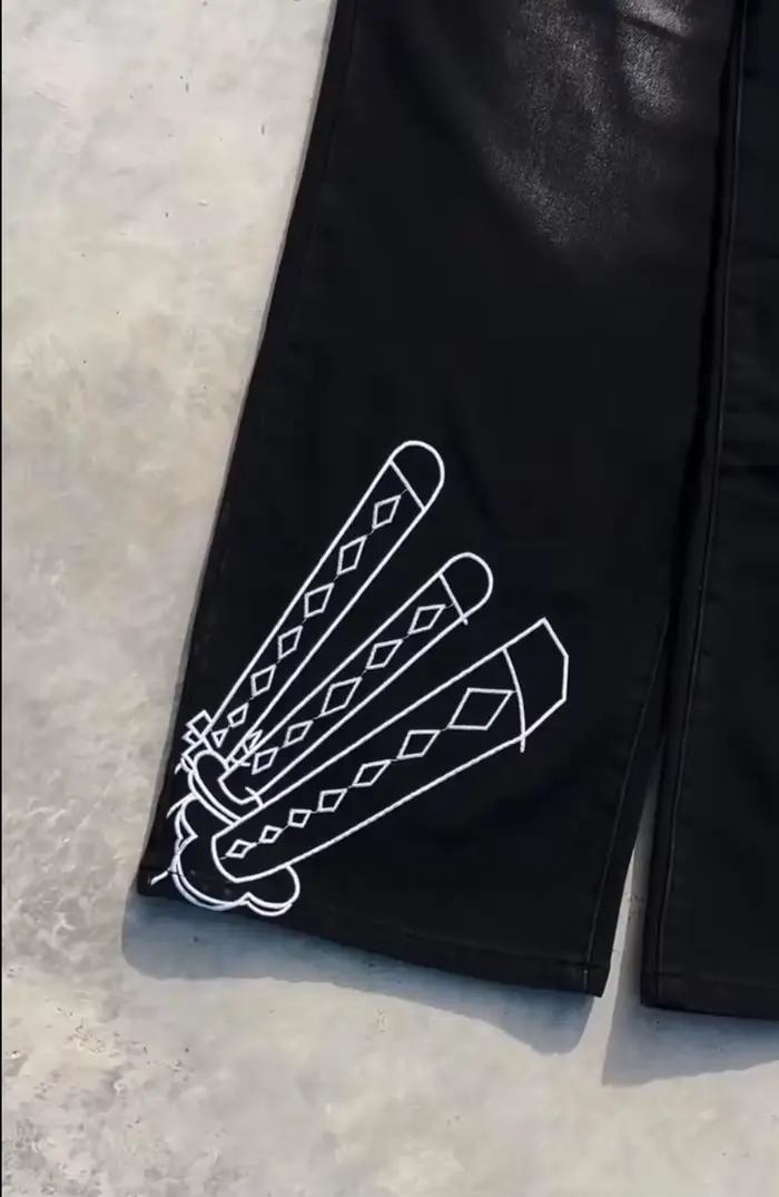 Jeans vintage japonais brodés style dessin animé pour homme