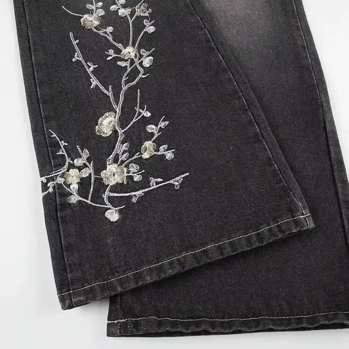 Jean Harajuku vintage évasé brodé de fleurs pour femmes style rétro y2k occassions spéciales