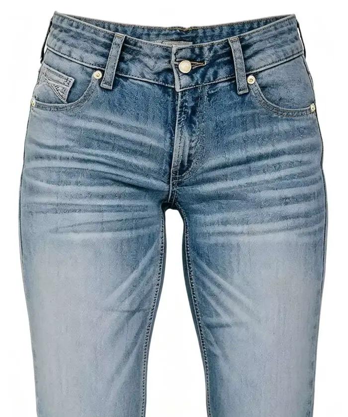 Jean bootcut bleu clair à haute élasticité avec poches brodées au dos