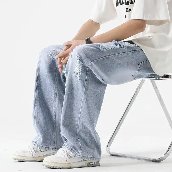 Jean déchiré 2026 d'été pour homme, coupe droite, délavé, avec lacets, fin