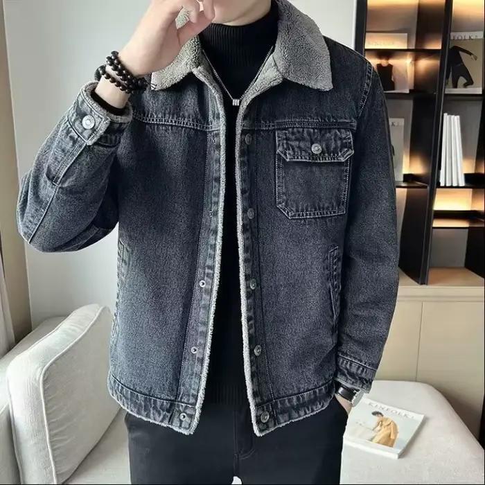 Blouson en jean pour homme – Nouvelle collection automne-hiver – Col en fausse fourrure épaissi – Style coréen décontracté – Coupe ajustée polyvalente – Offre spéciale de la saison