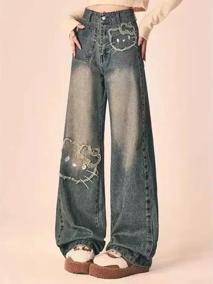 High Street rétro brodé femmes jean mince mode jambe droite pantalon femme été nouveau décontracté ample