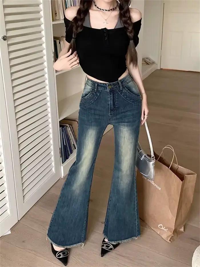 Pantalon de cowboy évasé rétro pour femme avec poches