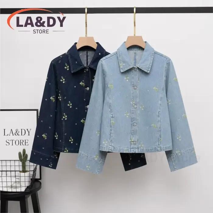 Veste en jean décontractée femme brodée de fleurs col rabattu pour soirées officielles printemps automne