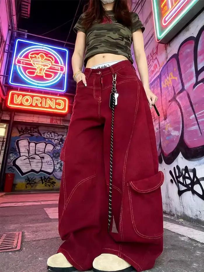Jean Rue Vintage Y2K Harajuku Rouge Baggy Pantalon Taille Haute Pour Femmes Occasions Spéciales