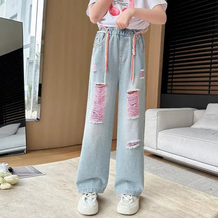 Mode enfant Y2K cordon jean pour Tweens fille détruit cassé Denim pantalon enfants adolescent déchiré
