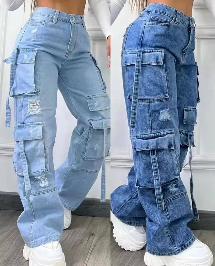 Jean femmes couleur unie polyvalent multi-poches pantalons décontractés grande taille coupe droite matériaux coton polyester toutes saisons
