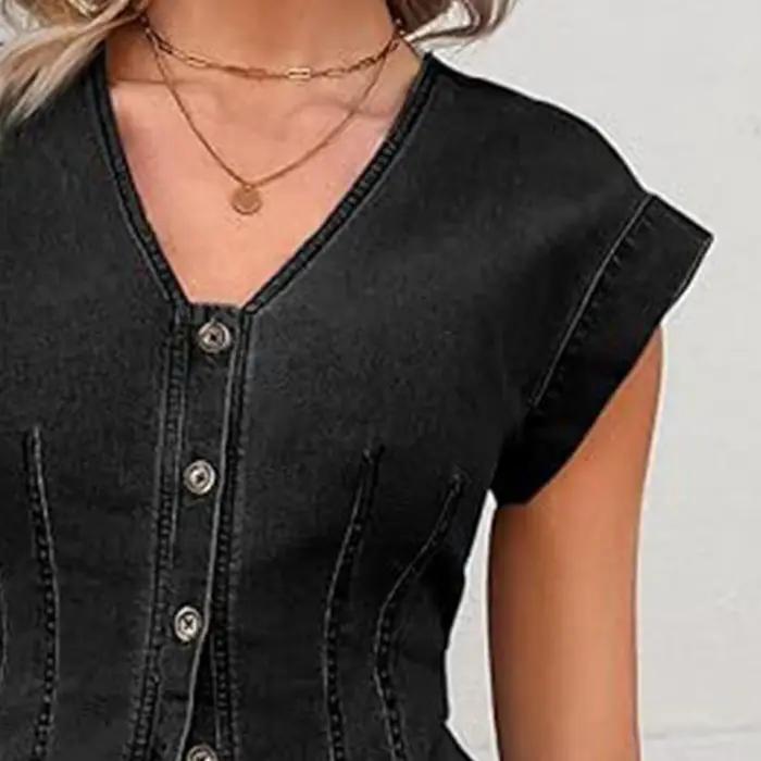 Gilet en jean décontracté pour femmes à col en V sans manches boutonné avec volants, extensible et confortable pour les saisons chaudes, occasions spéciales et tenues quotidiennes
