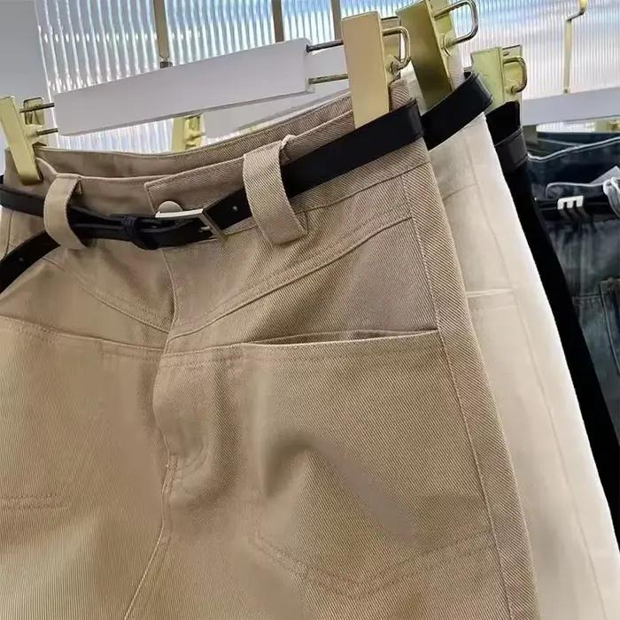 Jupe en jean kaki taille haute coupe trapèze mini pour femme