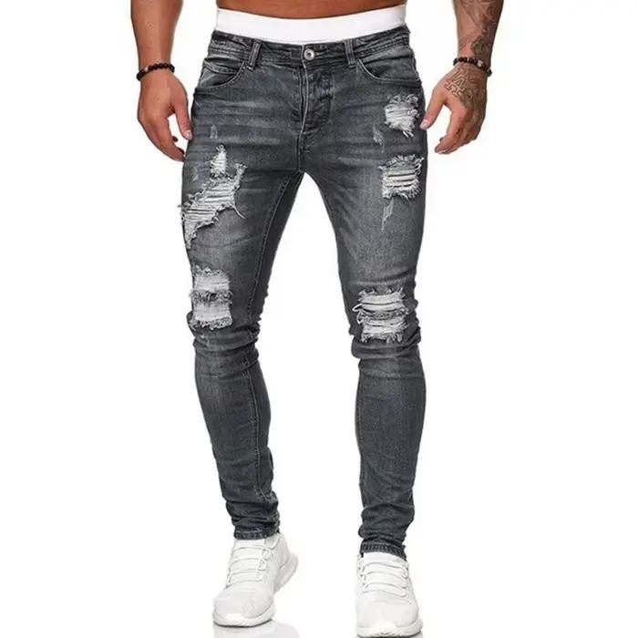 Mode Street Style déchiré Skinny Jeans hommes Vintage lavage solide Denim pantalon