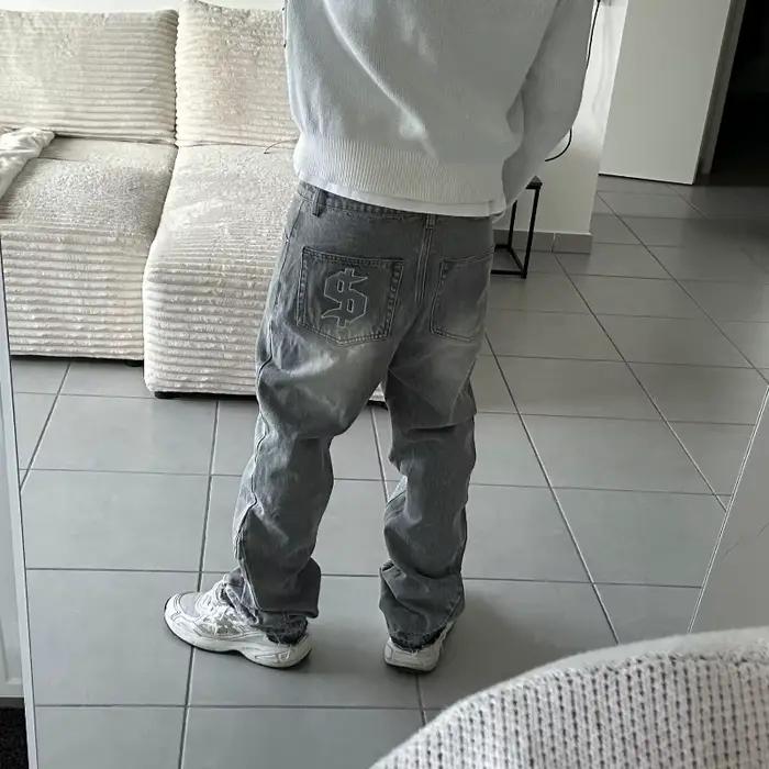 Jean évasé rétro américain Y2K brodé dollar