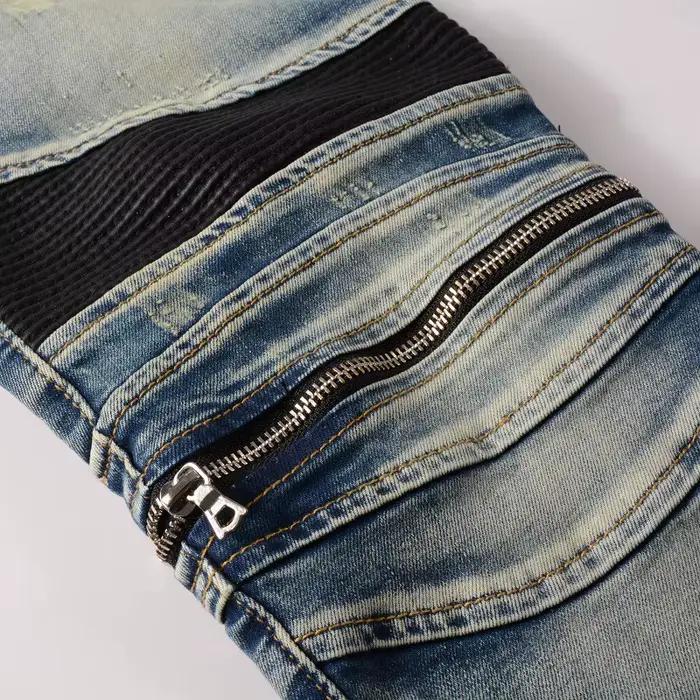 Jean homme en détresse moto couleur bleue avec nervures en cuir Patchwork fermetures éclair maigre déchiré
