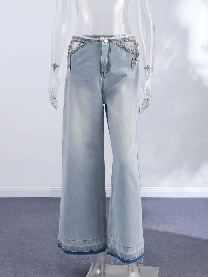 Jeans Y2K à franges en strass pour femmes, taille basse, denim ajouré, style streetwear chic et doux, haute couture printemps été 2026
