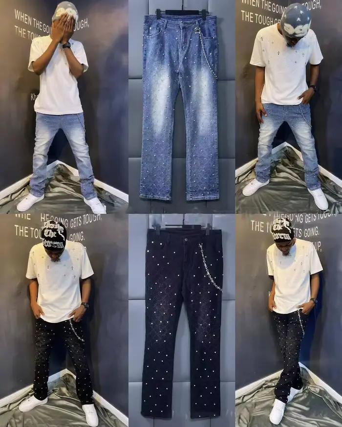 Jean Slim Homme Avec Perles Extensibles Nouvelle Mode Strass Personnalité De Rue Européenne Pantalon En Denim Empilé Taille S À XXL Occasions Spéciales