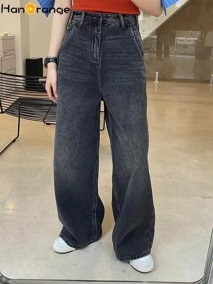 Jean hanorange printemps 2026 large en coton gris et noir pour femmes style rétro et décontracté pour les saisons printemps été