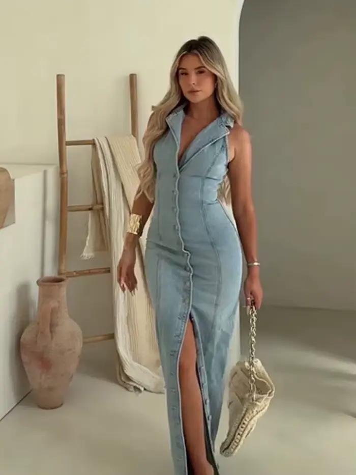 Robe Maxi en Denim sans manches pour femmes