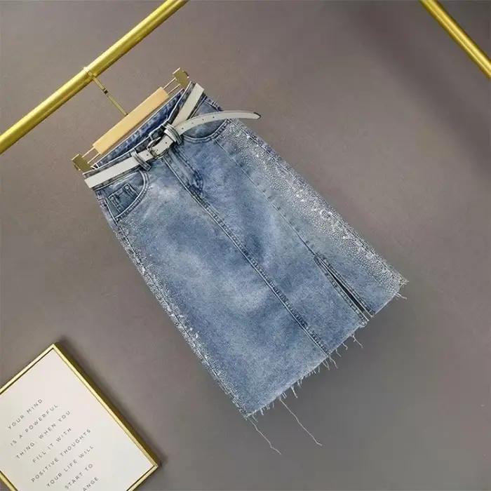 Jupe en jean taille haute chic et élégante style coréen midi avec fente pour femmes printemps été casualité sophistication confortable ocassions multiples