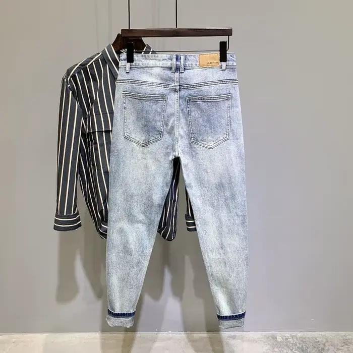 Nouveau Streetwear jean bleu clair homme marque tendance vieux lavé coréen coupe ajustée délavé petits pieds pantalon