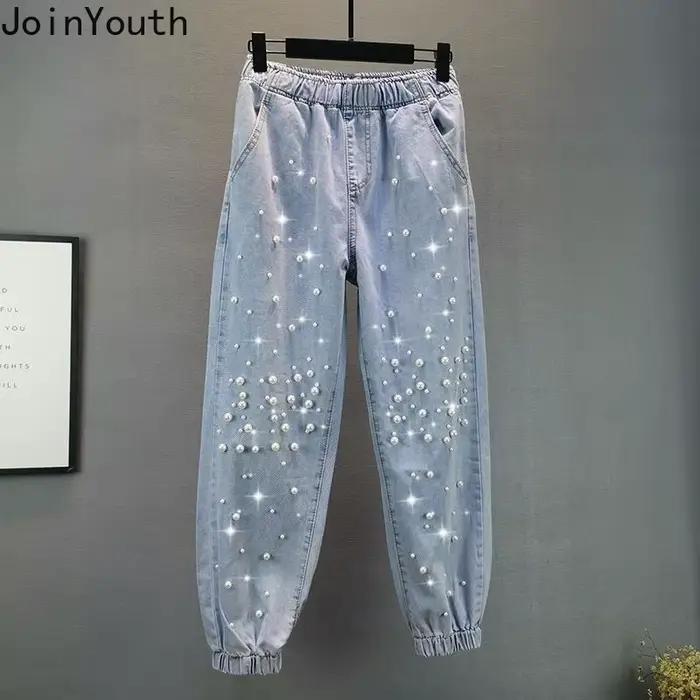 Jean coréen Femme Streetwear mode Denim sarouel 2025 nouveaux bas taille élastique perles décontracté Vintage Y2k