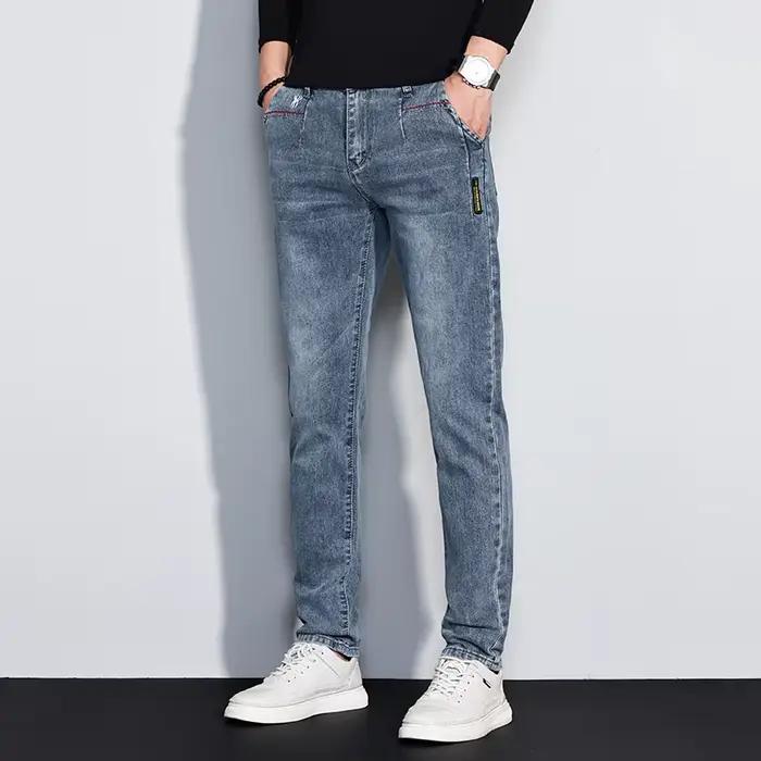 Nouveaux hommes jean coupe ajustée Stretch droit Vintage à la mode Denim pantalon coréen lavé doux polyvalent