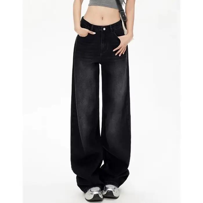 Jean taille haute rétro noir gris pour femme