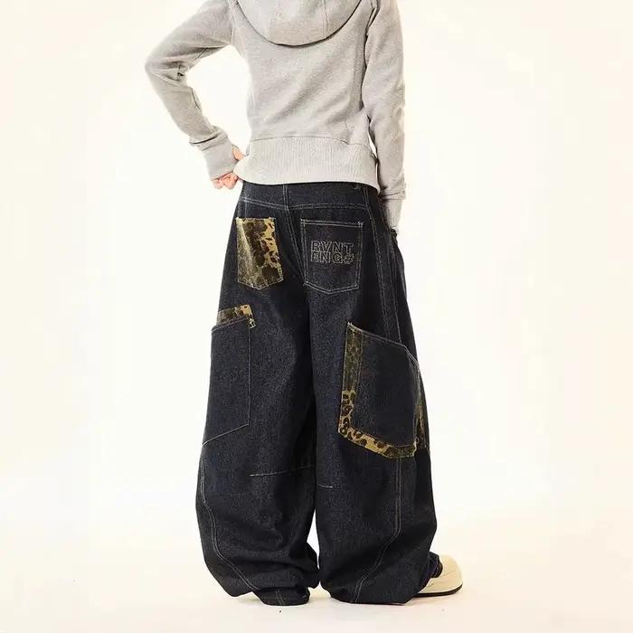 Pantalon large à jambes larges en jean à imprimé léopard rétro américain