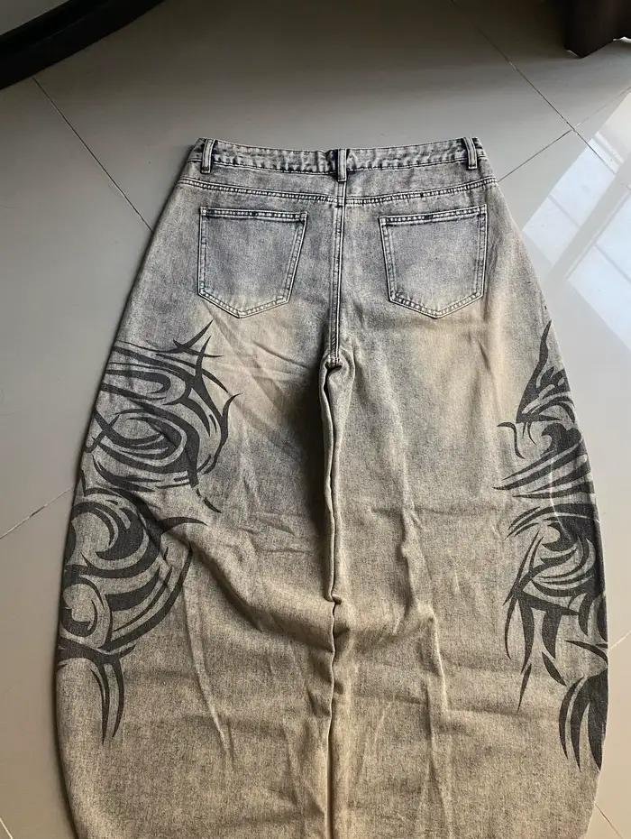 Jean ample gris imprimé style rétro américain Y2K