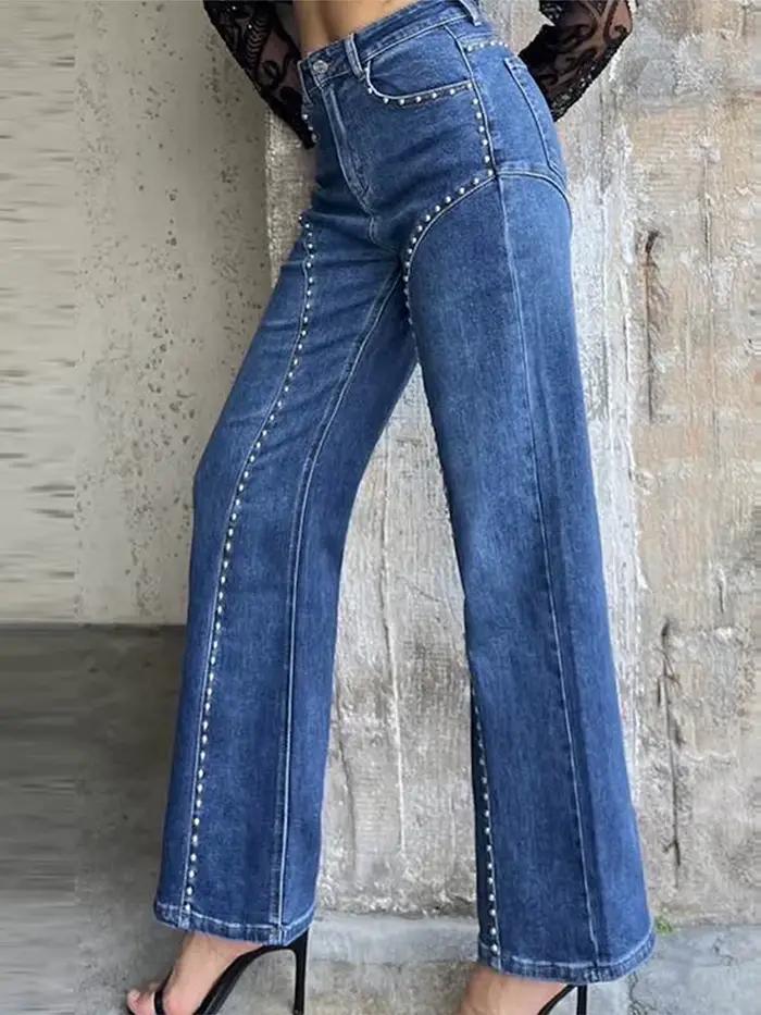 Jean femme à rivets polyester taille haute chic pour soirées et sorties urbaines