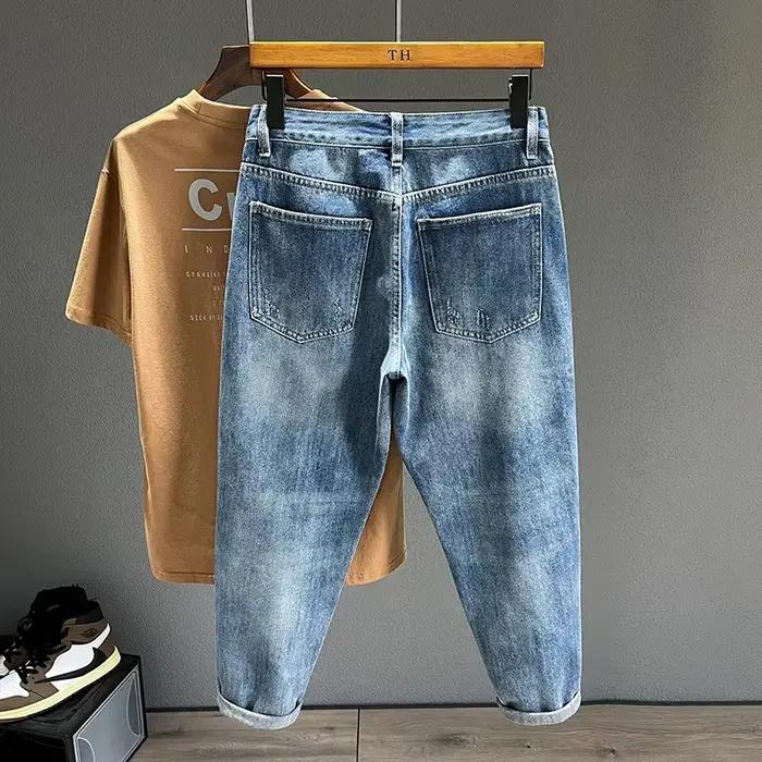 Jean déchiré à trous coniques pour homme, denim effiloché, vintage, décontracté, bleu, nouvelle collection, pantalon sarouel, toile épaisse, ajustement ample, quatre saisons, quotidien