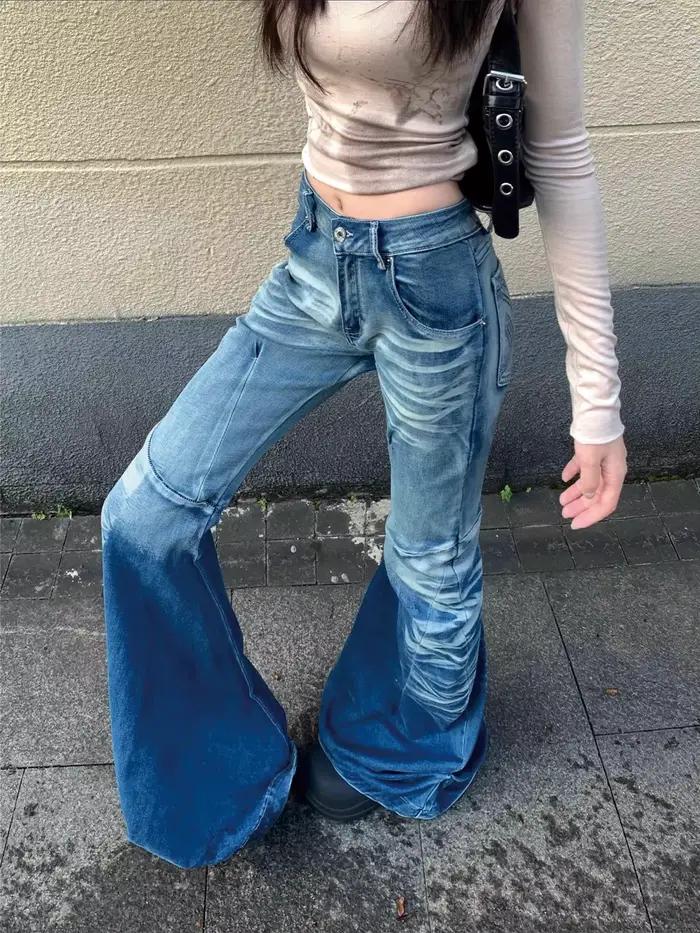 Nouvelle tendance américaine Jeans délavés et vieillis à dégradé bleu et blanc classique