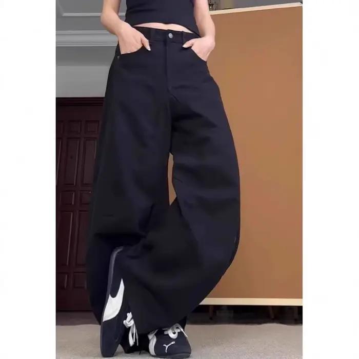 Jean en denim noir drapé taille basse coupe ample jambe large amincissant pour femme – Nouvelle collection