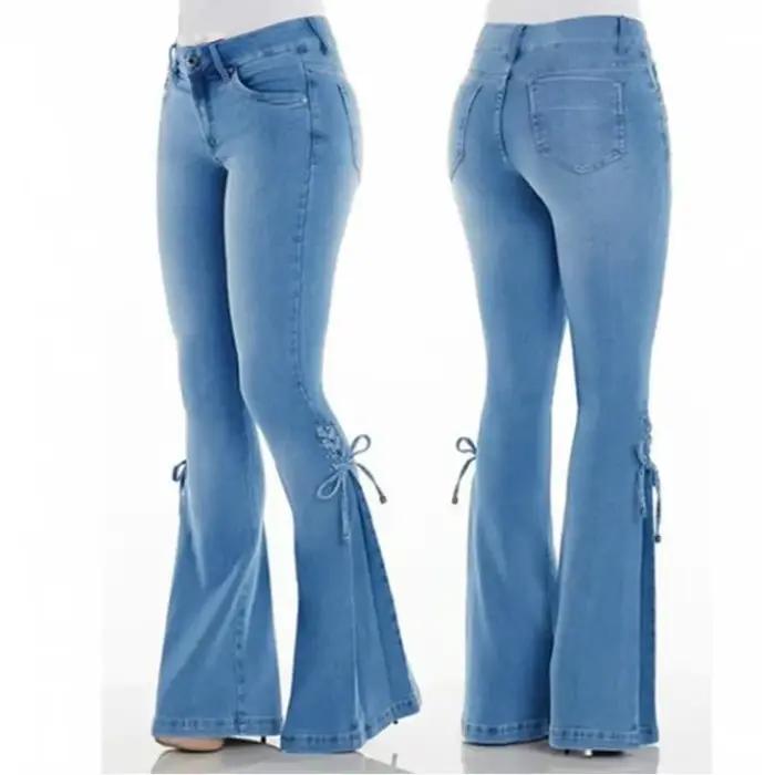 Pantalon évasé pour femmes Vintage jean à lacets extensible taille moyenne maigre en détresse lavé 2025 Streetwear