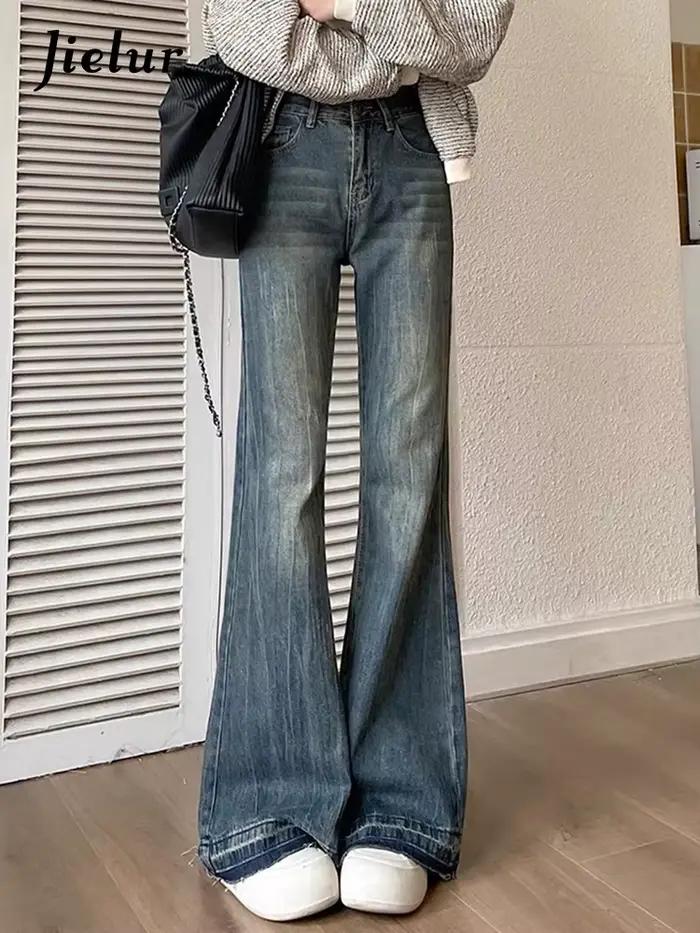 Jielur-Jean Slim Décontracté Vintage Bleu pour Femme