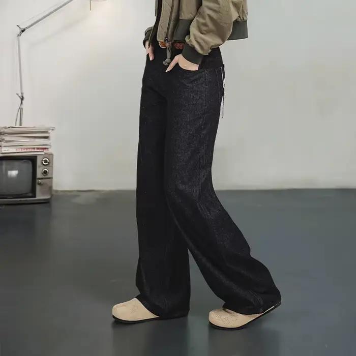Pantalon Maden Jean Noir Rétro pour Femme Coupe Droite Décontractée Polyvalent Printemps Automne Occasions Spéciales