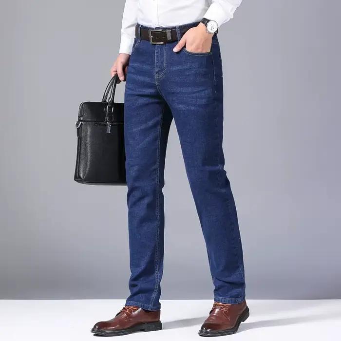 Nouveau Jean Homme en Polaire Décontracté Coupe Droite Extensible Bleu Noir Polyvalent Four Seasons Occasions Spéciales