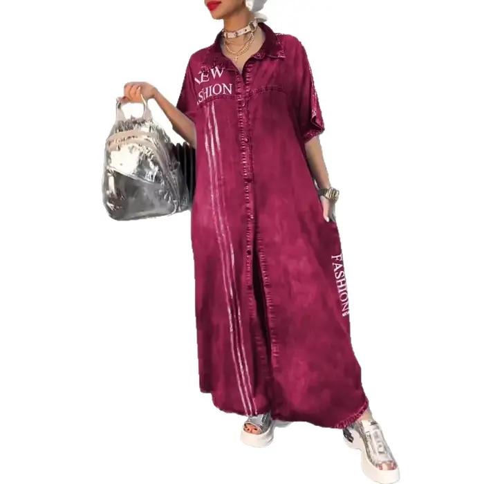 Robe en jean femmes robes longues lettre imprimer robes simple boutonnage col rabattu en détresse maxi robe été une ligne 2025 occassions printemps été style décontracté