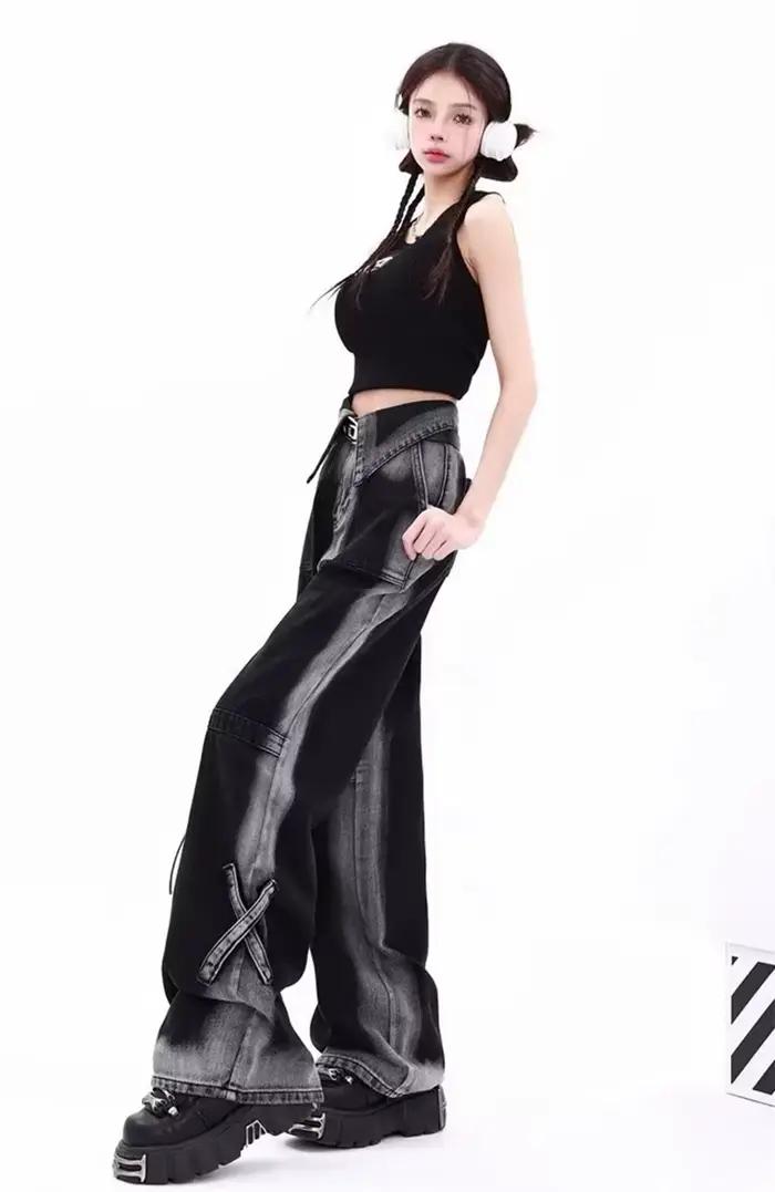 Y2K Jean à jambes larges femmes Style Hip Hop mode Vintage Streetwear noir taille haute