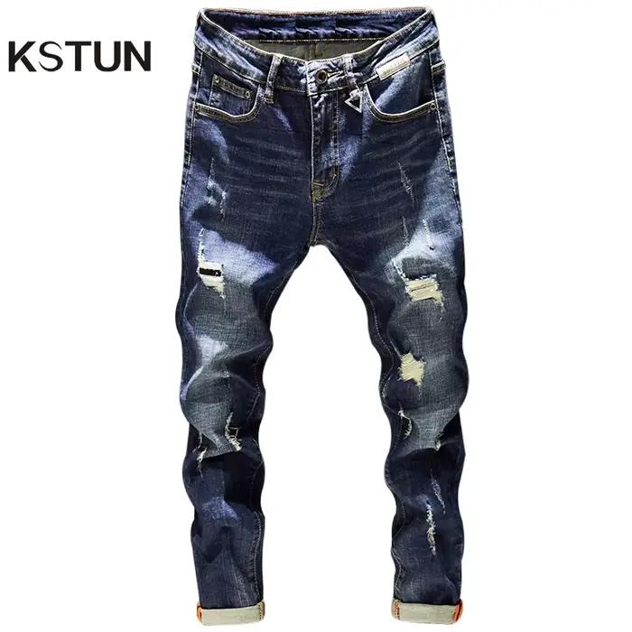 Jean déchiré pour hommes coupe ajustée bleu foncé printemps automne détruit