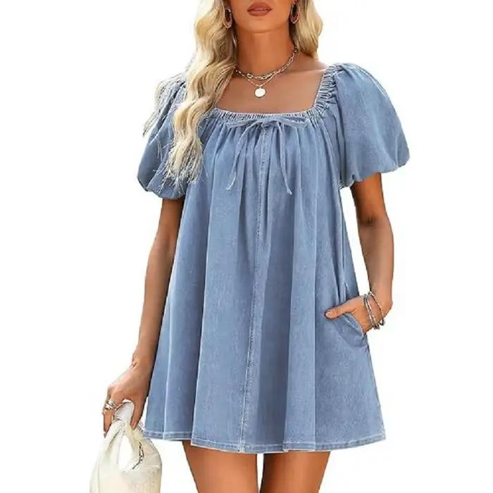    Femmes été Denim robes col carré manches bouffantes Jean Mini robe